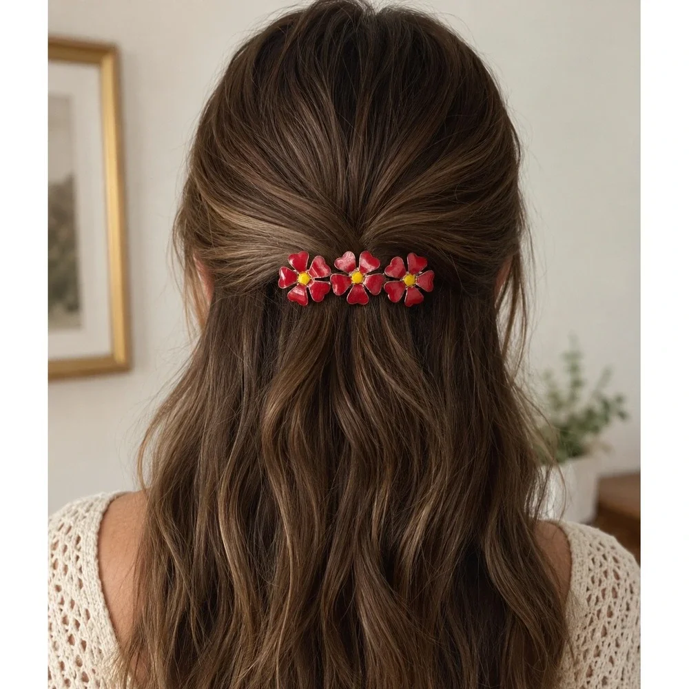 Unbranded Flower Hair Barrette Womens OS Red Excellent Enamel Triple Floral Clip